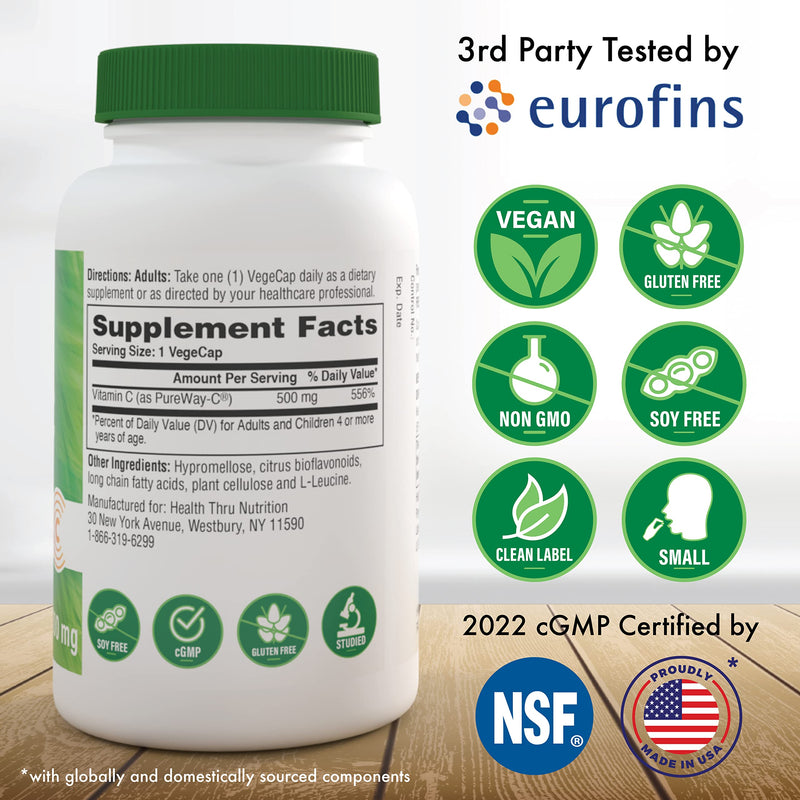 Health Thru Nutrition Vitamin-C 500mg PureWay-C 60 Count High Absorption | Superior Absorption Vitamin C Supplement | Healthy Immune Function and Collagen Support | 3rd Party Tested | Vegan, Non-GMO Unflavored 1 Count (Pack of 60)