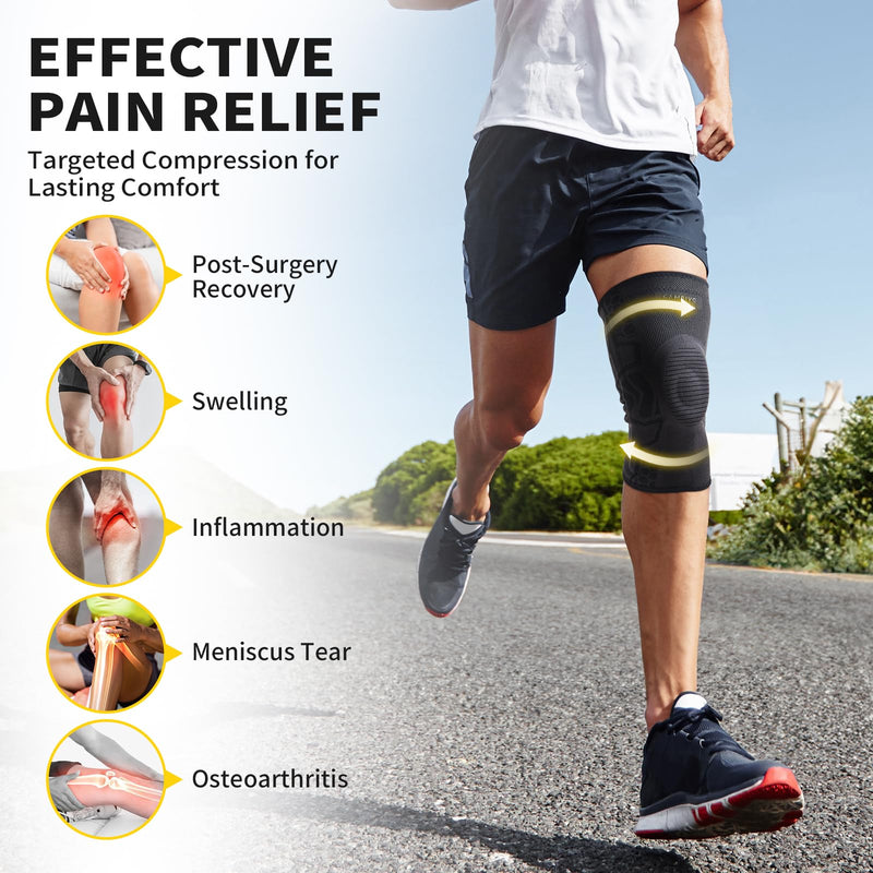 CAMBIVO 2 Pack Knee Brace for Men and Women, Knee Sleeves for Men with Patella Gel Pad and Side Stabilizers, Knee Compression Sleeves for Knee Pain Relief, Running, Workout, Daily Use Black Large