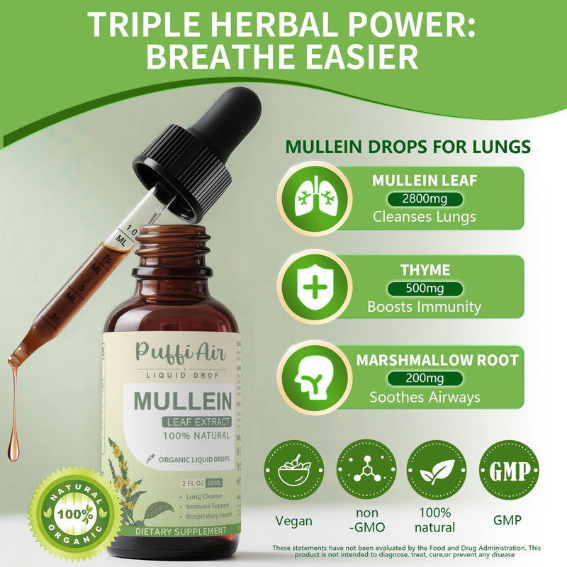 Mullein Drops for Lungs with Mullein Leaf Thyme & Marshmallow Root‰∏®Lungs Cleanser for Smokers Respiratory & Immune Support‰∏® Natural Vegan Non-GMO 60ml 2fl oz