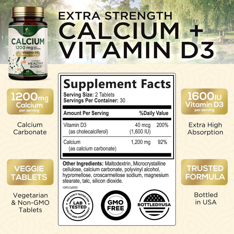 Calcium 1200 mg with Vitamin D3 - Bone Health Supplement, Vitamin D & Calcium Supplements for Women & Men - Bone Strength, Teeth & Immune Support, Nature's Calcium Pills, Bottled in USA - 60 Tablets 60 Count (Pack of 1)