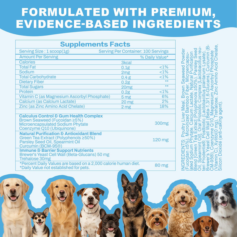 Dog Dental Powder for Teeth Cleaning & Fresh Breath - Reduce Pet Plaque & Tartar Remover Made Easy Supply for All Breeds Chicken Flavor