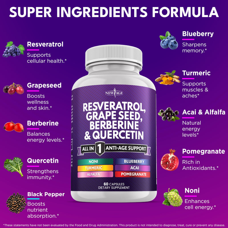 NEW AGE Resveratrol, Berberine, Grape Seed Extract, Quercetin, Polyphenol Supplement for Women and Men with Noni, N-Acetyl Cysteine, Acai - 180 Capsules 180 Count (Pack of 1)