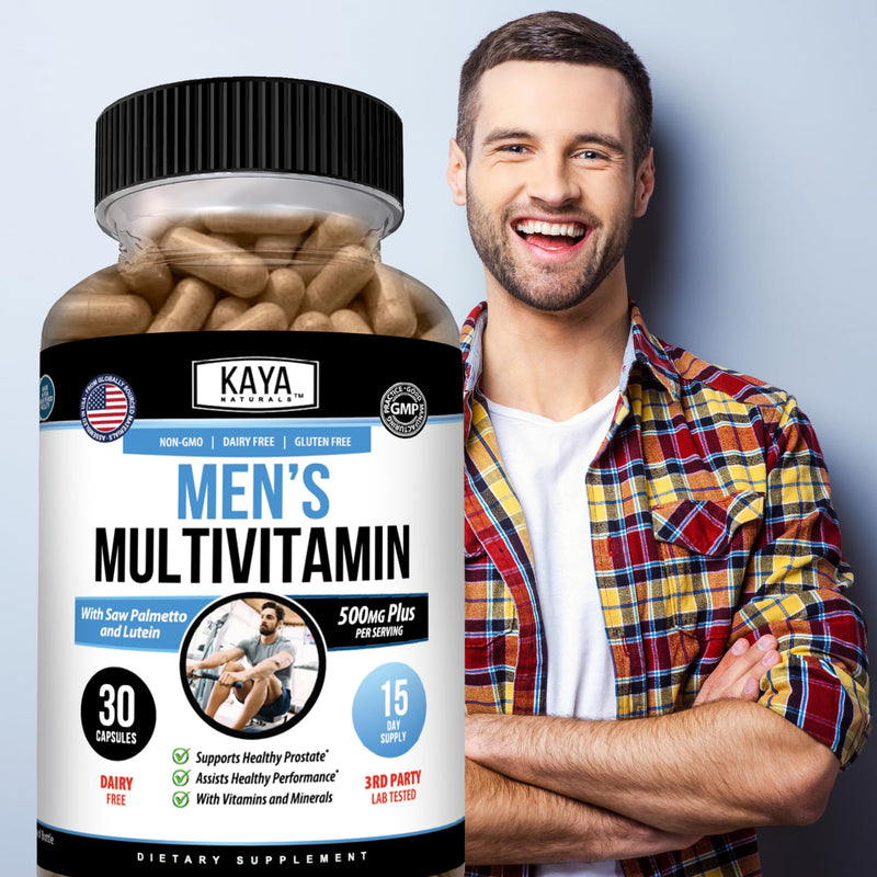 Kaya Naturals Men’s Multivitamin with Saw Palmetto & Lutein, 30 Capsules | 20 Vitamins & Minerals - Saw Palmetto; Lutein, Lycopene; Botanical, Immune & Antioxidant Blends - Vegetable Capsules 30 Count (Pack of 1)
