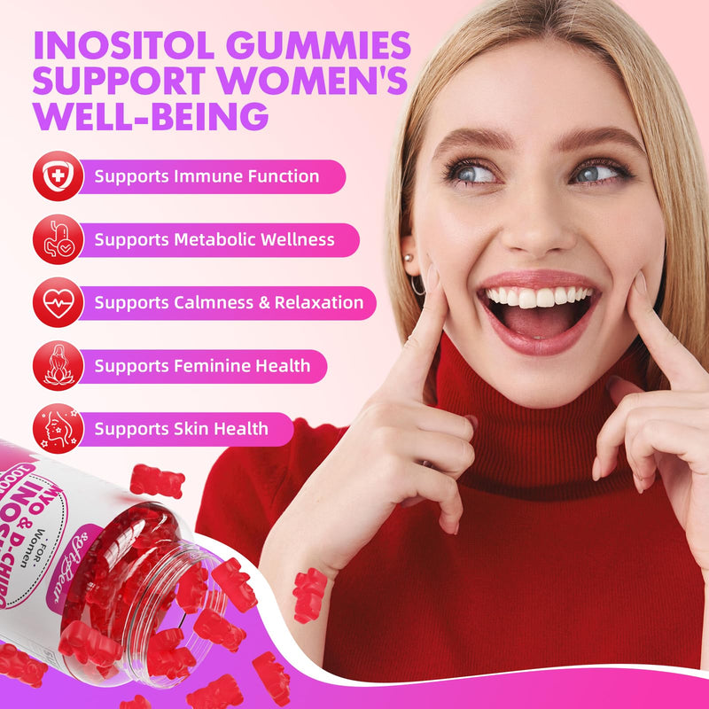 softbear Inositol Supplement for Women, Myo-Inositol & D-Chiro Inositol Gummies 1000mg with Vitamin D3 for POCS Support & Female Wellness, Sugar-Free/Veagn/GMO-Free, Strawberry Flavor, 60 Count 60 Count (Pack of 1)