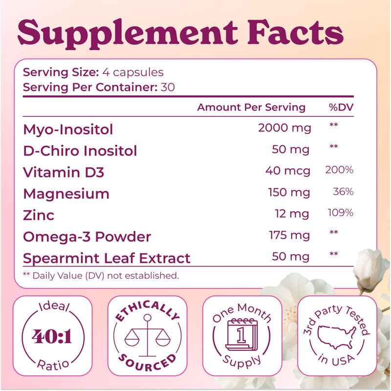 Myo-Inositol & D-Chiro Inositol 2000 mg per Serving - Inositol Supplement for Women 40:1 Formula with Spearmint, Vitamin D3, Zinc & Magnesium - Hormone Balance, Ovarian Support - 120 Capsules 3 Packs 360 Count (Pack of 3)