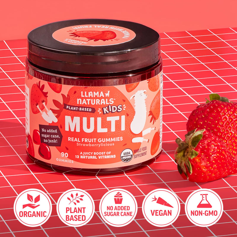 Llama Naturals Kids Multivitamin Gummies | Real Fruit, No Added Sugar Cane | Organic Vegan Toddler Whole Food Vitamins | Vitamin D, C & Beta Carotene Gummy Supplement | Strawberry 90 Ct (1-2 Months) 90 Count (Pack of 1)