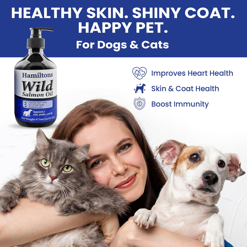 Hamiltons Wild Salmon Oil for Dogs & Cats – Pure Natural Omega-3 Supplement with Vitamin E – Promotes Healthy Skin, Shiny Coat Care, Joints & Heart – Pet Salmon Fish Oil