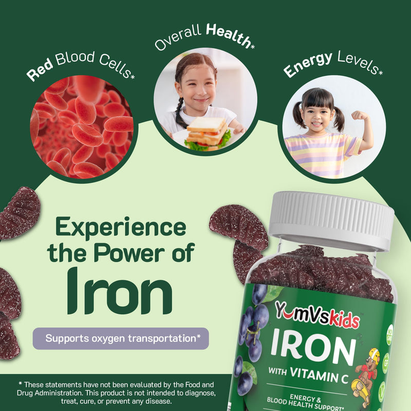 Iron Supplement for Kids – 5 mg Kids Gummies with Vitamin C – Great-Tasting Gummies Grape Flavor – Supports Immune Health & Helps with Iron Deficiency – Vegan, Kosher, Non-GMO – 60 Count