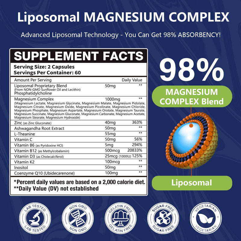 29-in-1 Liposomal 18 Active Types Magnesium Complex 1400MG Capsule,Citrate Glycinate Malate etc,Mild & Efficient,Extra Vitamin B6 B12 D3K2 & CoQ10, Relaxation Nerve* & Hert* Support 18 Types Magnesium Unflavored 120 Count (Pack of 1)