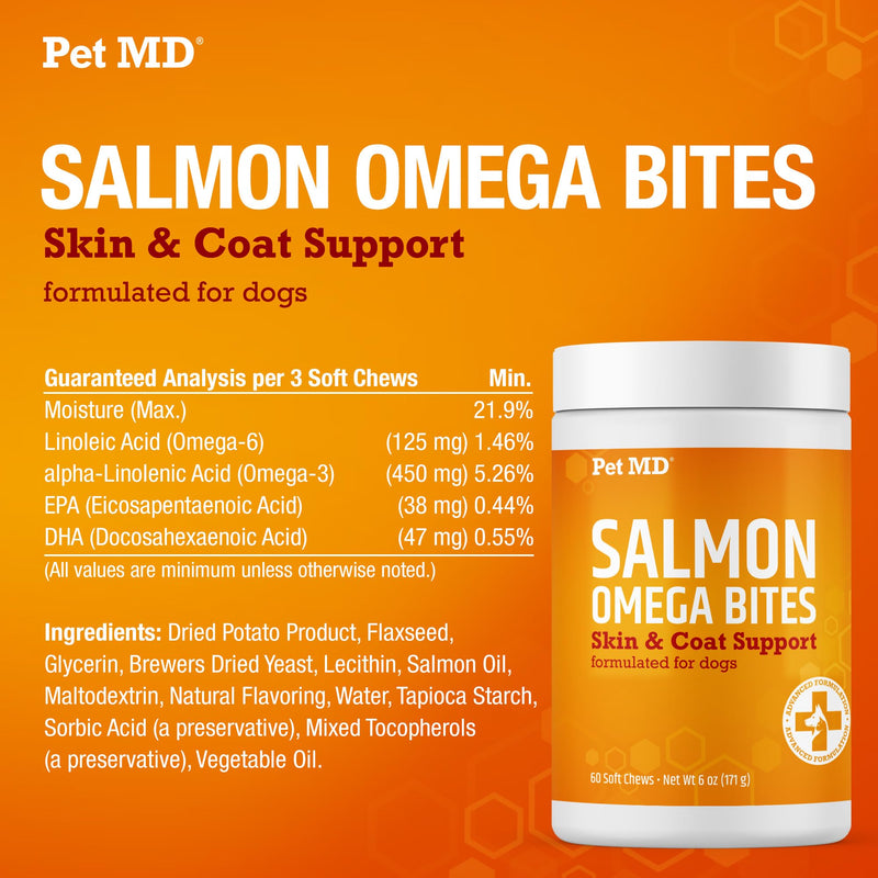 Pet MD Salmon Omega Bites for Dogs - Dog Skin and Coat Supplement with Omega 6 for Dogs & Omega 3 Fish Oil for Dogs Plus DHA & EPA - Promote Dog Allergy Relief & Dry Skin Relief for Dogs - 60 ct 60ct - BeesActive Australia