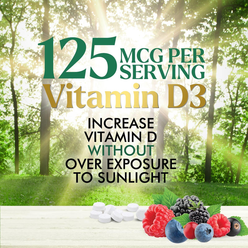 Vitamin D3 5000 IU (125 mcg) Per Serving - Extra Strength Vitamin D Chewable for Immune Support Health - Bone, Teeth and Muscle Supplements - Sugar Free, Gluten Free, USA Bottled - 60 Count Tablets 60 Count (Pack of 1)
