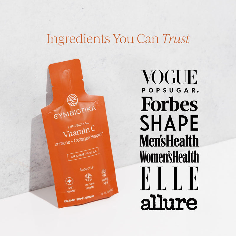 CYMBIOTIKA Liposomal Vitamin C 1000mg with Biotin for Skin | Bioavailable vitamin C & biotin for immunity, collagen & healthy aging. Enhanced absorption. Orange Vanilla, 28 pouches.