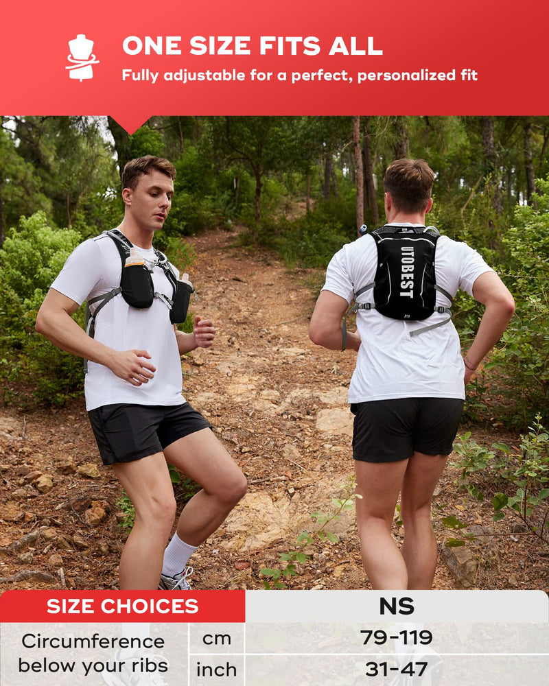 Running Vest, 5L Hydration Vest Lightweight, Breathable and Sweatproof Running Backpack, Adjustable Running Hydration Vest for Trail Running Marathon Race Jogging Cycling Black Vest 5L with 2 x Soft Flask