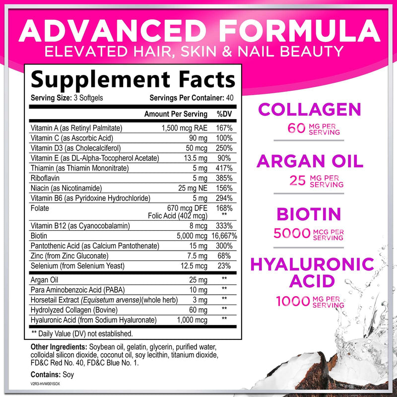 Hair Vitamins for Women for Hair Growth - Argan-Infused Supplement with Collagen, Biotin and Hyaluronic Acid - Supports Faster Hair Growth, Skin & Nails Beauty Vitamins, Bottled in USA - 120 Softgels 120 Count (Pack of 1)