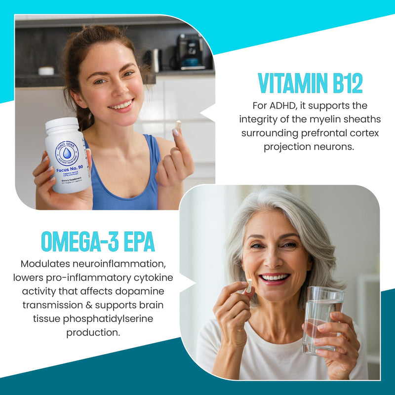 Mind Soak™ Focus No. 90 Omega-3 EPA/DHA & Citicoline Supplement | L-Tyrosine, L-Theanine, Methylated B Vitamins, 90 Capsules, Non-GMO, Made in Canada
