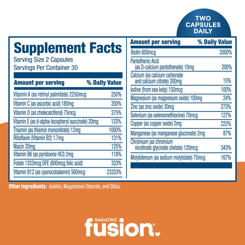 Bariatric Fusion Bariatric Multivitamin Without Iron | Post Bariatric Surgery Patients | Iron Free Bariatric Vitamin for Gastric Bypass and Sleeve Gastrectomy | 60 Capsules | 1 Month Supply 2 Per Day - 1 Month Supply
