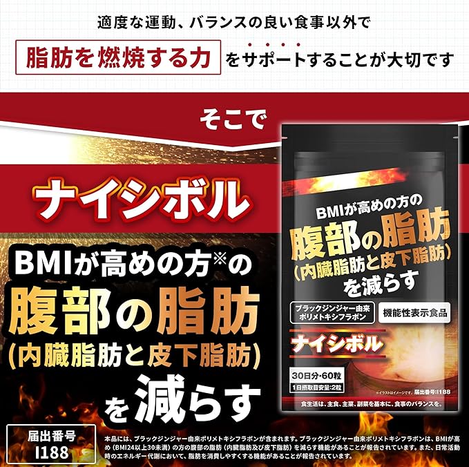 Nisibol Reduces abdominal fat (visceral fat and subcutaneous fat) Support for people with high BMI Black Ginger Supplement Food with Function Claims 60 tablets - BeesActive Australia