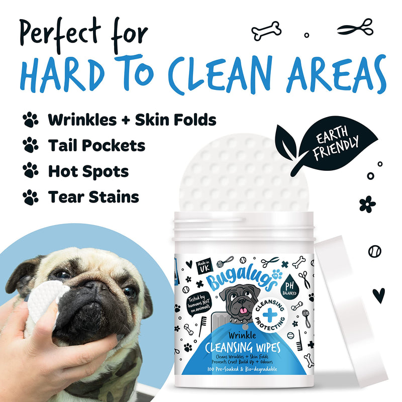 BUGALUGS Wrinkle Dog Wipes for pawly skin - 100 Biodegradable dog grooming pet wipes. Use as Dog ear wipes, dog eye wipes, dog face wipes, Paw & Bum wipes for puppy, dogs & cat grooming