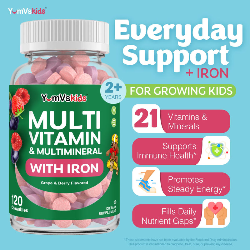 YUM-V'S Kids Multivitamin with Iron - Kids Chewable Multivitamin - Vitamins + Iron Supplement - Toddler Vitamins for 2 Year Old+, Kosher, Halal, Gluten Free 120 (Pack of 2 120 Count (Pack of 2)