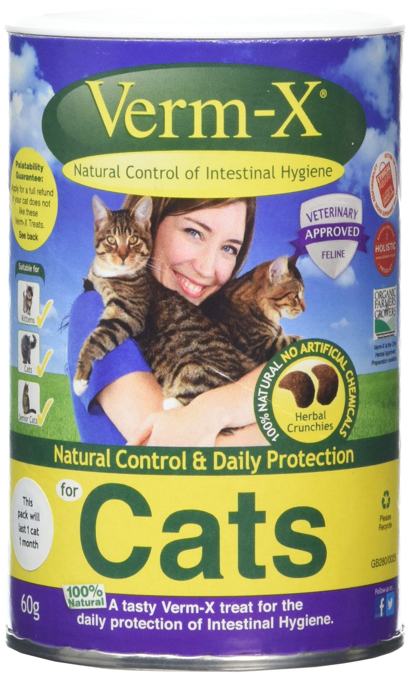Verm-X 100% Natural Treats for Cats. Supports  Intestinal Hygiene. Vet Approved. UFAS Assured. Contains  Prebiotic for Gut Biome Quality. Restores and Maintains Gut Vitality. Wormwood Free Recipe. 60 g Single
