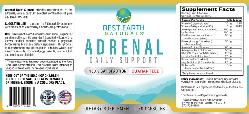 Best Earth Naturals - Adrenal Support for Adults - Holy Basil, B C Vitamins, L-Tyrosine, Rhodiola Rosea Root, Ashwagandha Supplements for Cortisol Manager Support - 30 Day Supply 30 Count (Pack of 1)