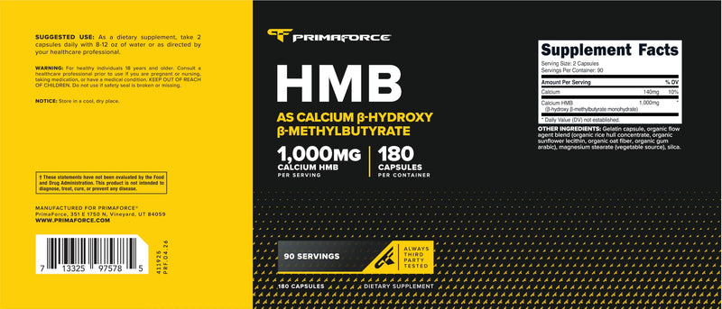 Primaforce HMB (Beta-Hydroxy Beta-Methylbutyrate) 1000mg, 180 Capsules | Gluten Free and GMO-Free Supplement