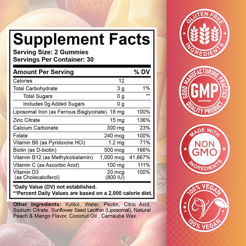 Iron Supplement Gummies for Adults & Kids - with Calcium, Zinc, Folate & Multivitamin - Blood Builder & Energy Support & Immune Health for Iron Deficiency, Anemia, Vegan -Peach & Mango Flavor,120ct Peach & Mango 60 Count (Pack of 2)