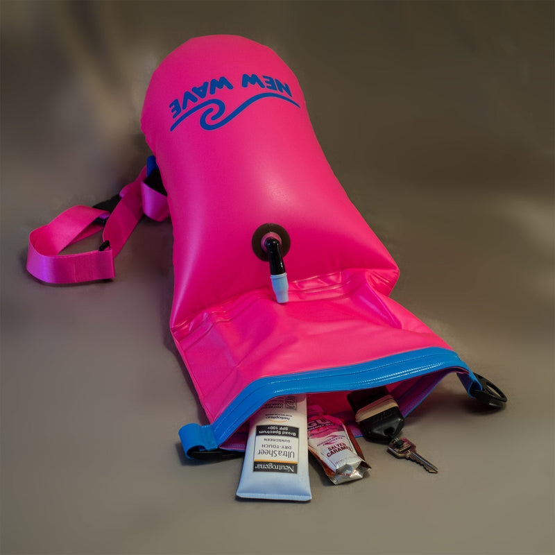 New Wave Swim Buoy for Open Water Swimmers, Triathletes and just Your Swim Buddies - Tow Float for Safe Swim Training, Kayaking & Snorkeling (Pink PVC Medium-15L)