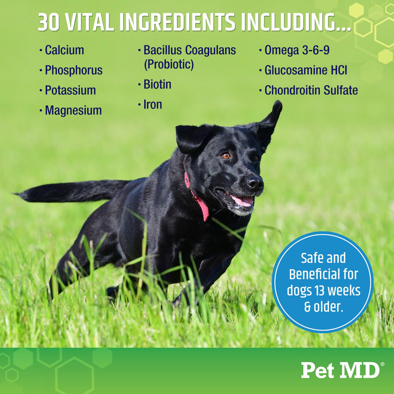 Pet MD 5in1 Dog Multivitamin - 30 Essential Vitamins, Minerals & Nutrients for Skin & Coat, Hip & Joint, Digestion, Immune & Senior Dog Vitamins - Glucosamine, Omega 3 6 9, & Probiotics - 120 ct - PawsPlanet Australia