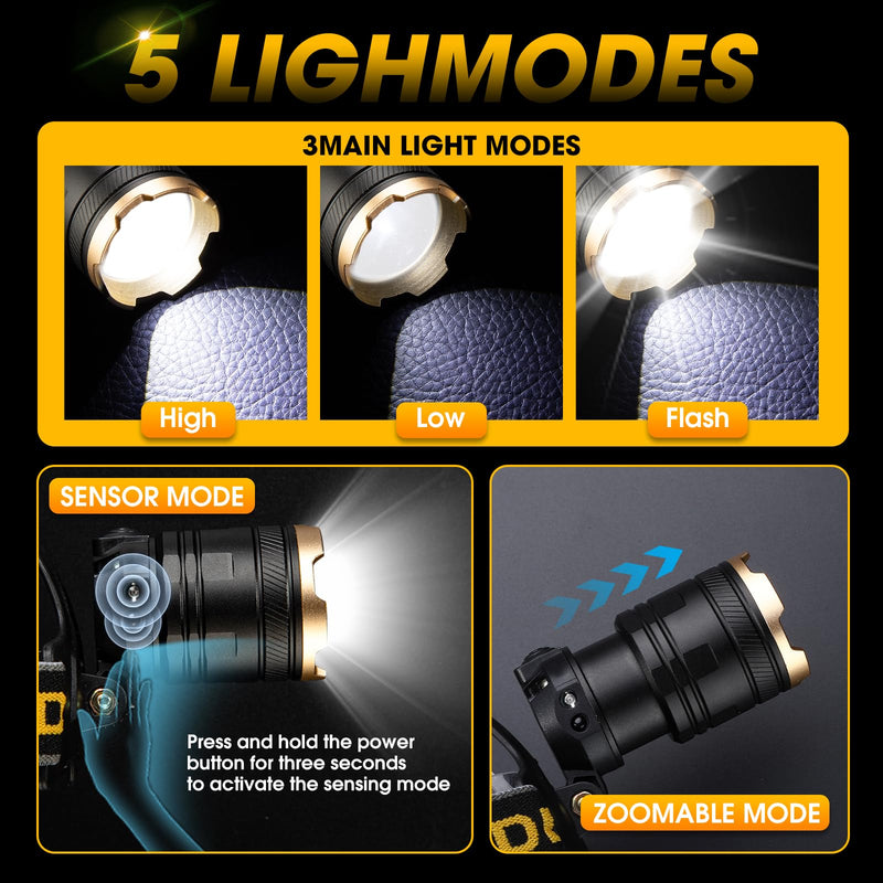 1,000,000 LM Rechargeable Headlamp, 90° Adjustable Head Lights for Forehead, Headlamps for Adults Rechargeable, IP68 Waterproof Head Lamp for Hunters for Outdoor Camping, Hunting, Running Black-H