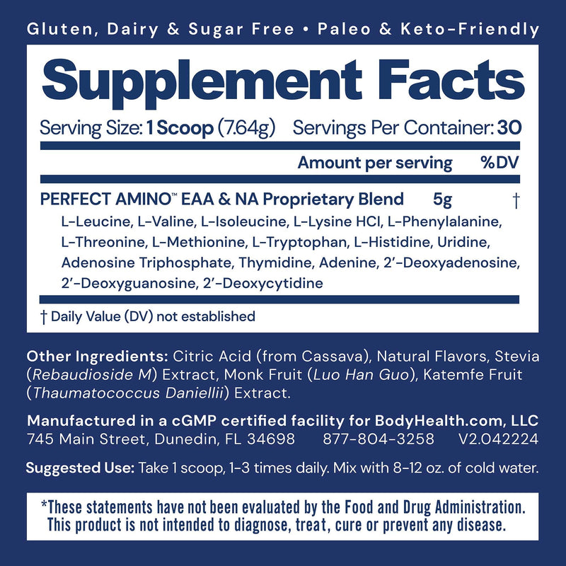 BodyHealth PerfectAmino Powder - BCAA and EAA Powder for Pre and Post Workout - Amino Acid Energy Drink for Men and Women to Support Lean Muscle and Recovery - Lemon Lime - 30 Servings 8.5 Ounce (Pack of 1)