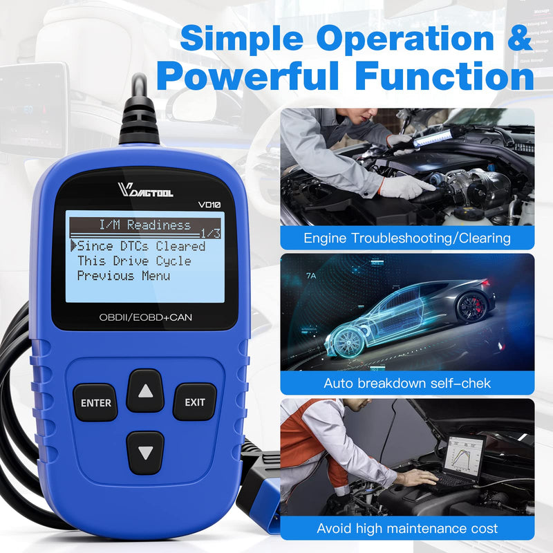 VDIAGTOOL VD10 OBD2 Scanner Code Reader Car Diagnostic Tool Engine Fault Code Reader for Turn Off CEL with Freeze Frame/I/M Readiness for All OBDII Protocol Cars, OBD2 Scanner Diagnostic Tool Blue - BeesActive Australia