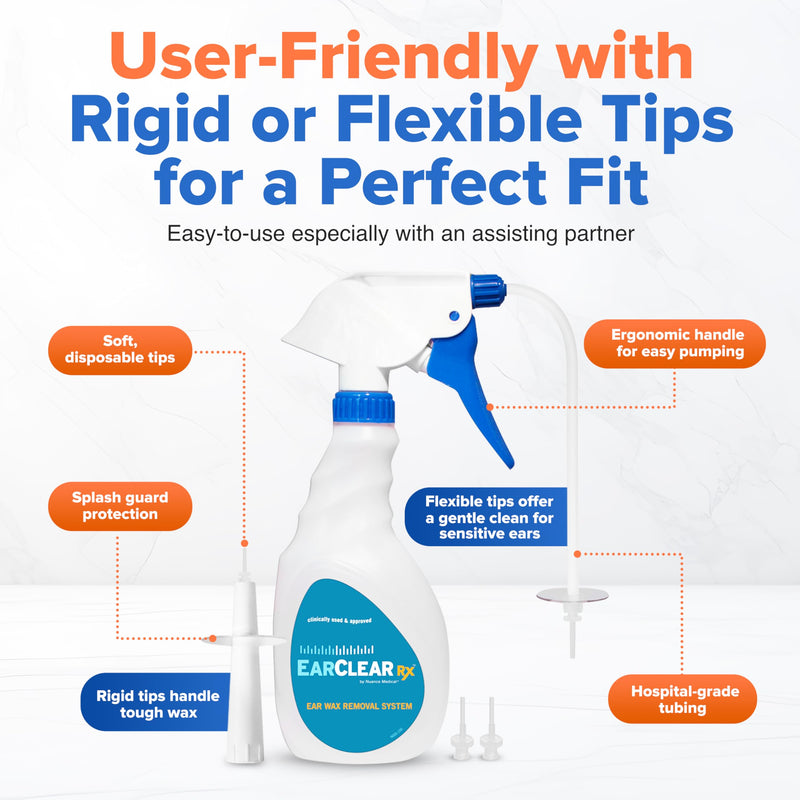 EarClearRX Flexible Tip Kit – Complete at-Home Ear Cleaning Kit for Adults & Kids - Easy-to Use Ear Cleaner - Includes Bottle Washer, Basin, 20 Disposable Tips, Microfiber Towel & Otoscope Penlight - BeesActive Australia