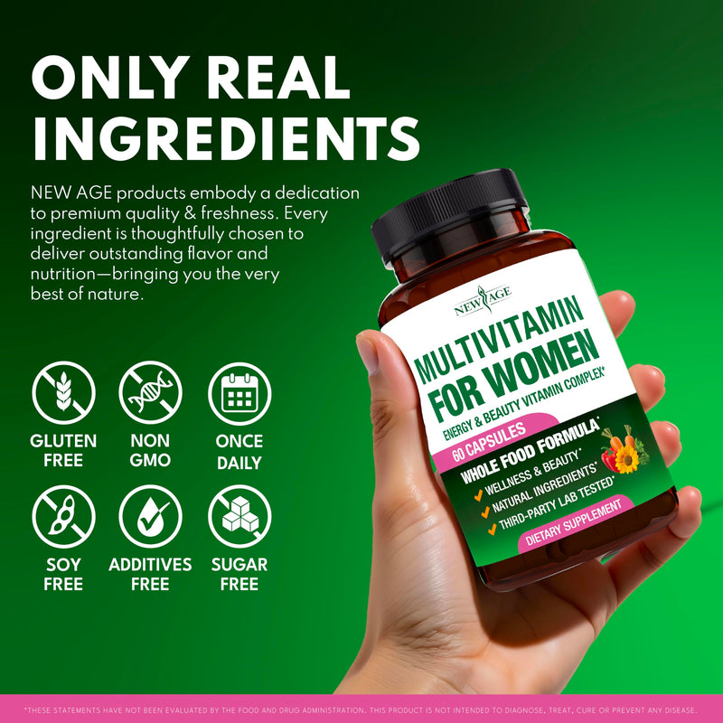 NEW AGE Multivitamin for Women - B-Complex, Whole Foods, Hair Support, Iron - All in1 Womens Multivitamin - Bioavailable & Gentle on Stomach - Made in USA - 60 Count 60 Count (Pack of 1)