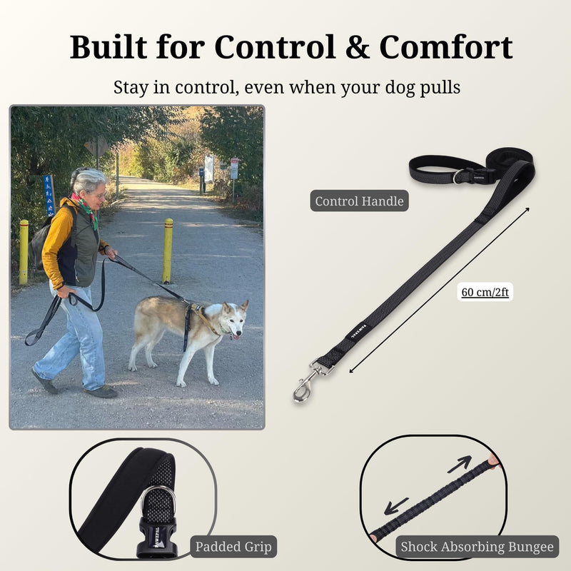 8FT-10FT Hands Free Dog Leash - Adjustable Waist/Crossbody 2-in-1 Belt with Shock-Absorbing, Traffic Handle & Reflective for Hiking, Canicross & Active Lifestyles (Black) Black Large (8–10FT) - BeesActive Australia