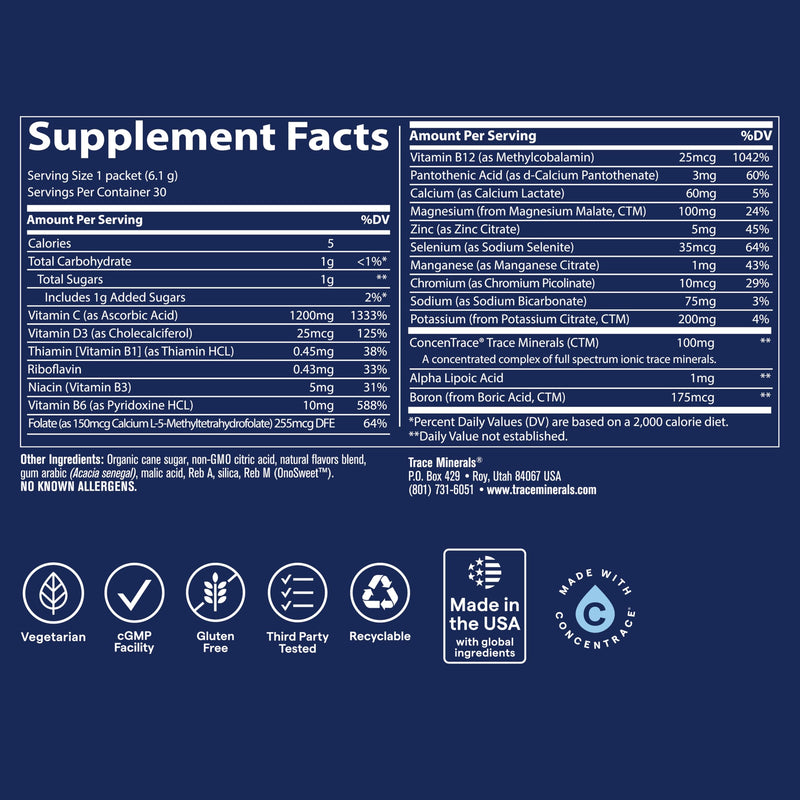 Trace Minerals Power Pak Electrolyte Packets, Pineapple Coconut, 30 Ct | 1200 mg Vitamin C plus Zinc, Immunity and endurance support, Sugar free, No artificial dyes, Keto friendly 6.9 Ounce (Pack of 1)