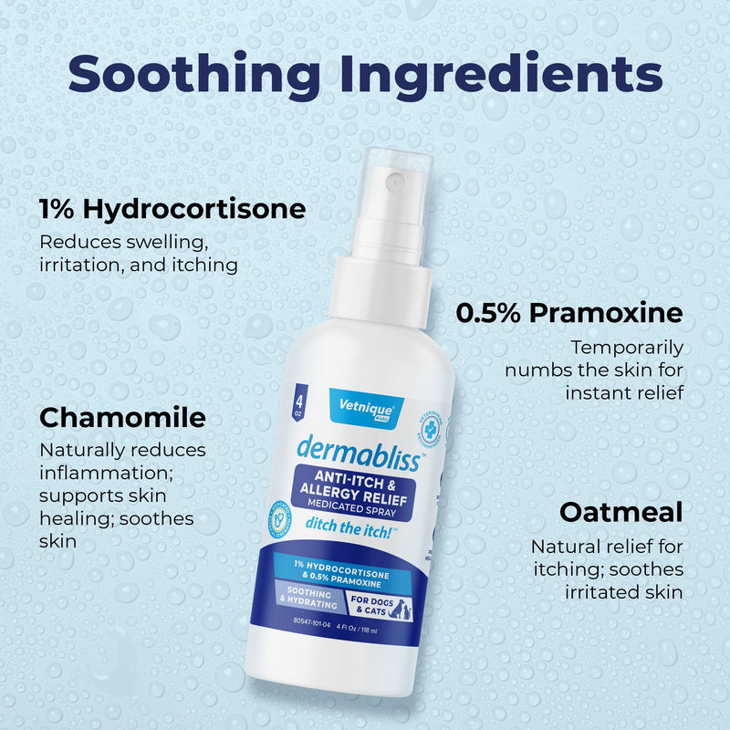 Vetnique Dermabliss Dog Allergy Anti Itch Spray (4oz) & Dermabliss Itch Relief Allergy Soft Chew Supplement (30ct) - PawsPlanet Australia