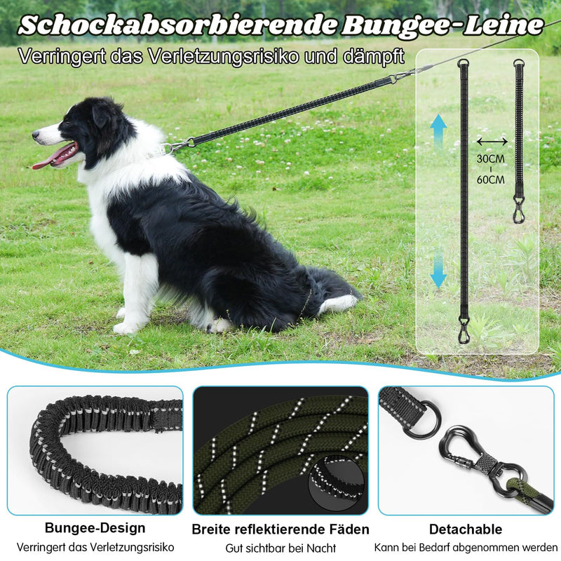 Aystkniet drag leash 10 m for dogs, dog leash with removable elastic cord Lockable hook | Padded Handle, Long Walking Lead Training Lead for Medium and Large Dogs 10M × 8MM Army Green - BeesActive Australia