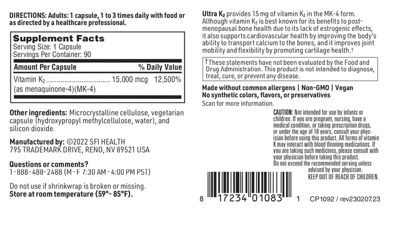 Klaire Labs Ultra K2 MK4 15000mcg - Vitamin K2 Supplement to Support Bone & Cardiovascular Health - 15mg K2 Vitamins for Men & Women - Hypoallergenic Vitamin K as Menatetrenone (90 Capsules) 90 Count (Pack of 1) - BeesActive Australia