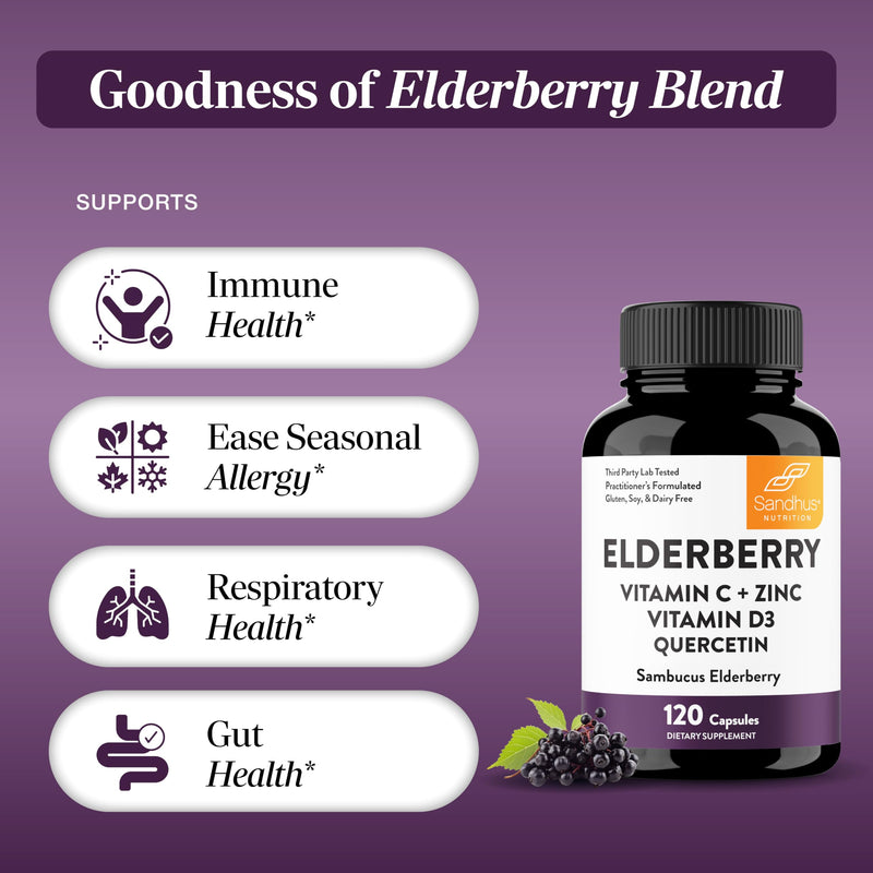 Elderberry Vitamin C and Zinc Capsules with D3 and Quercetin, 240 Count | 6-in-1 Immune Support Supplements For Adults, Sambucus Extract Zink Ginger USA Made in NSF GMP Certified Facility By Sandhu's 120 Count (Pack of 2)
