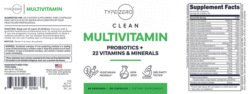 Type Zero Multivitamin Capsules (1,300mg) 120 Capsules, Vegetarian Friendly | With Probiotics + 22 Vitamins and Minerals, GMO-Free