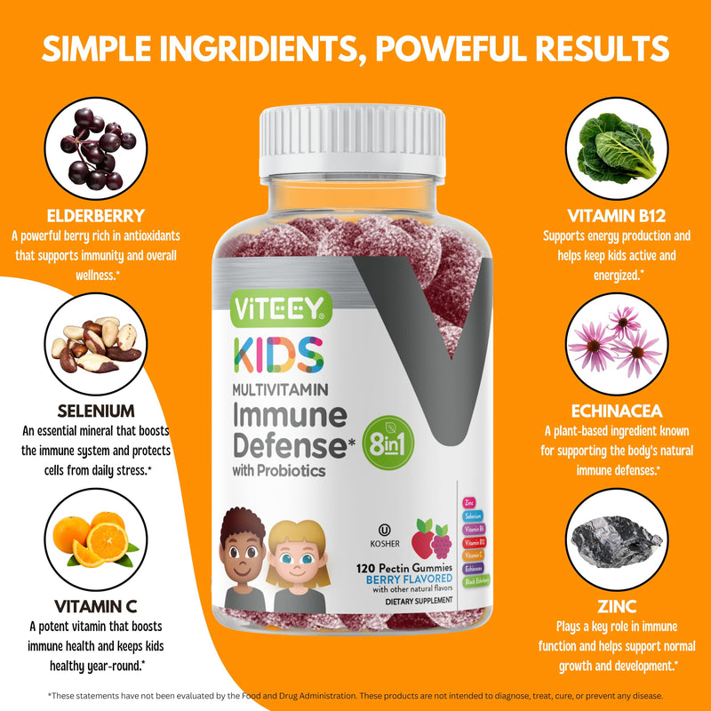 Viteey Kids Multivitamin Gummies with Probiotics - 8-1 Kids Vitamins Gummy | for Immune Health Support with Vitamin C, Echinacea, B12, B6, Zinc, Elderberry, Selenium - Vegan - Chewable Berry Flavored 120 Count (Pack of 1)