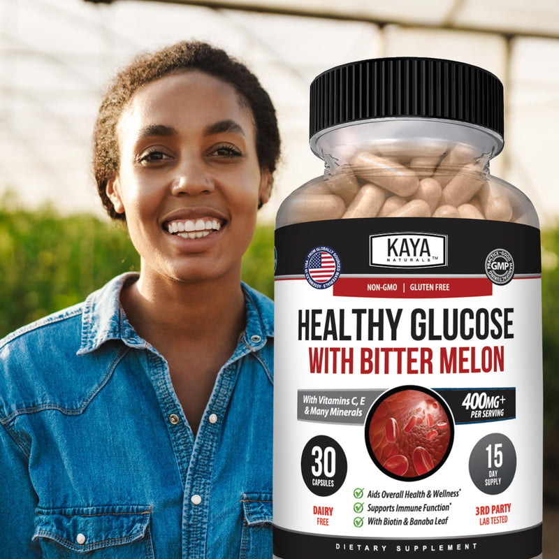 Kaya Naturals Healthy Gluco with Bittermelon Supplement | Support Healthy Levels and Function, 20 Herbs Vitamins and Minerals, Alpha Lipoic Acide, Cinnamon, Vitamin C & E, Non-GMO (30 Count)