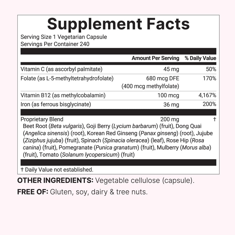 Micro Ingredients Iron Bisglycinate Supplement for Women & Men | 14-in-1 Chelated Ferrous Bisglycinate Complex with Vitamins C & B12, Folate, Botanical Blend | 240 Veggie Capsules | Non-GMO