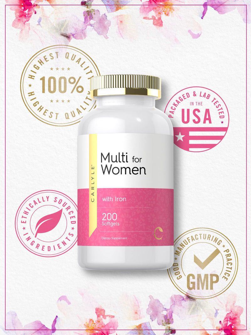 Carlyle Multivitamin for Women with Iron | 200 Softgels | Essential Vitamins, Minerals and Omegas | Nutritional Support Supplement | Non-GMO & Gluten Free