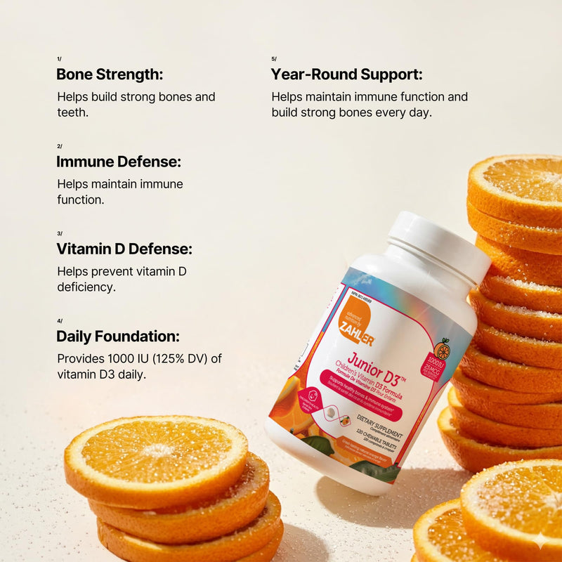 Zahler Junior D3 - Immune Health Support for Growing Kids - Vitamin D3 for Bone Health Support - Kosher, Gluten-Free & Dairy-Free - Orange, 120 Chewable Tablets (120 Servings)