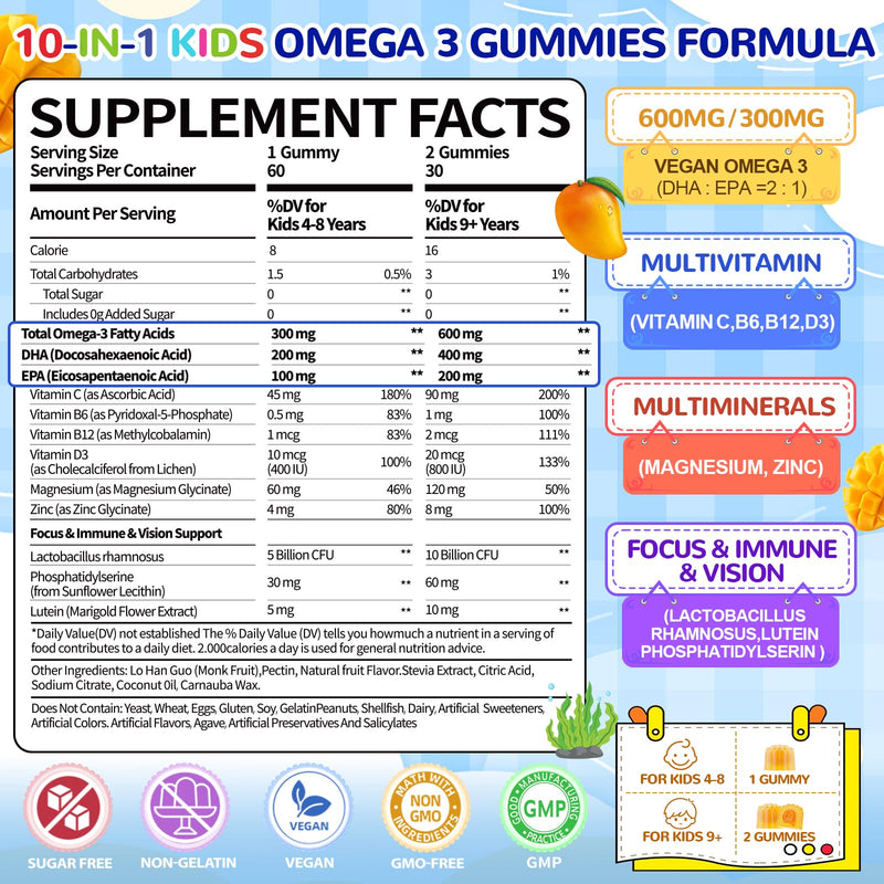 Vegan Omega 3 Gummies for Kids 4+: Natural Omega-3 Fatty Acid Supplement DHA EPA with Vitamin D3 B12 Probiotic Lutein Zinc for Overall Health - No Fish Taste Multivitamin for Kids(60Count) Mango 60 Count (Pack of 1)