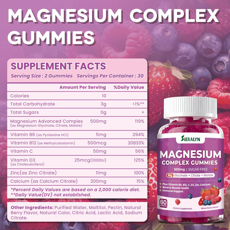 Magnesium Complex Gummies 500MG - 3-in-1 Advanced Magnesium Supplement | Vitamin D3, C, B6, B12, Zinc & Calcium - Sugar Free Magnesium Gummies for Calm, Muscle, Mood, for Women Men, Vegan 120 Count 60 Count (Pack of 2)