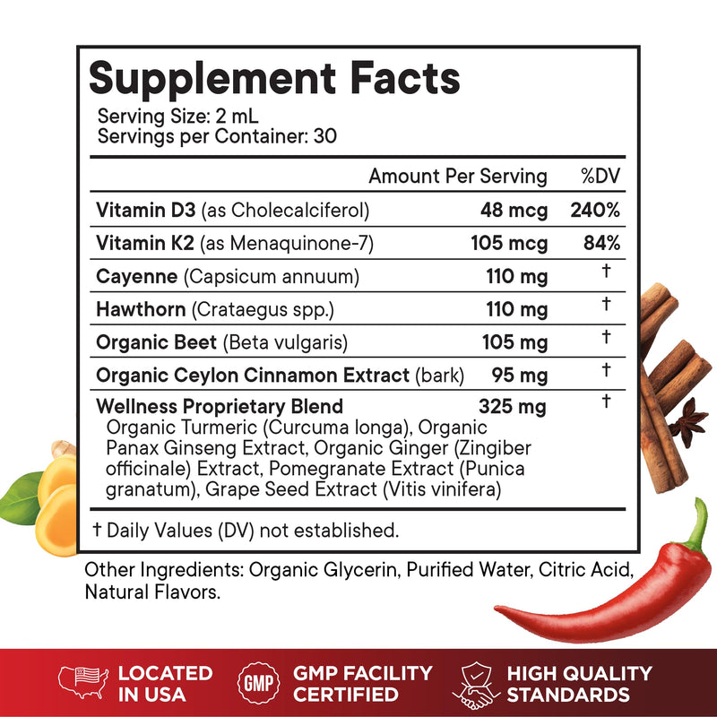 Cayenne Pepper Supplement Liquid Drops + Hawthorn Berry, Vitamin D3 K2 Beet Root Powder, Ceylon Cinnamon, Turmeric Curcumin, Organic Panax Ginseng - 2 OZ 2 Fl Oz (Pack of 1)
