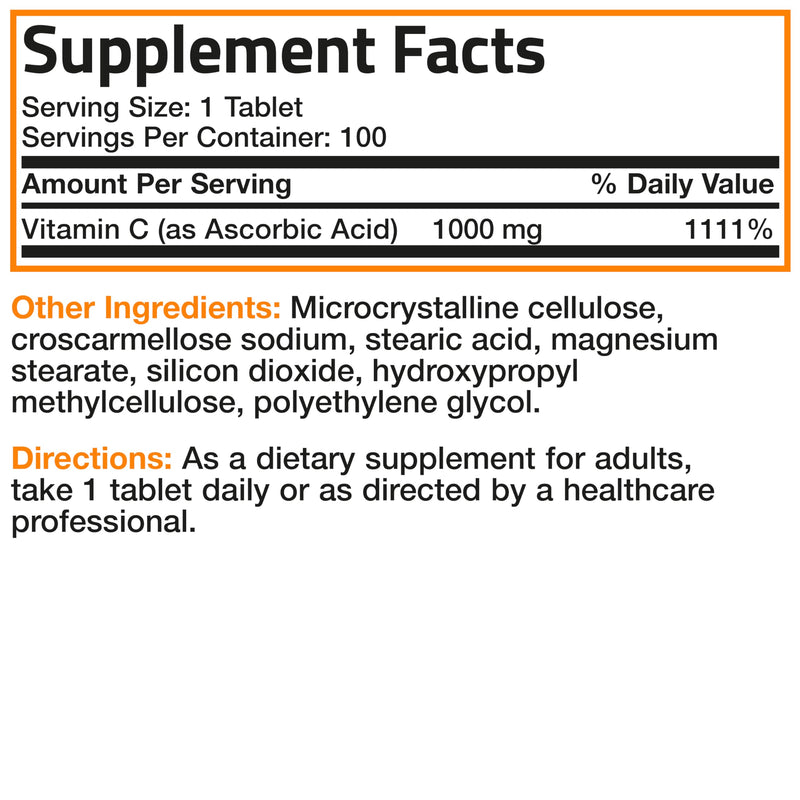 Bronson Vitamin C 1000mg Premium Non-GMO Ascorbic Acid Tablets, 100 Count 100 Count (Pack of 1)